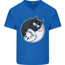 Cat and Dog Yin Yang Mens V-Neck Cotton T-Shirt Royal Blue