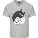 Cat and Dog Yin Yang Mens V-Neck Cotton T-Shirt Sports Grey
