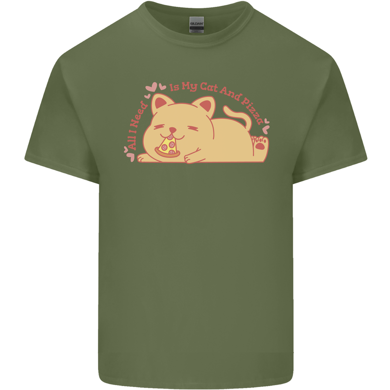 Cat and Pizza Funny Antisocial Mens Cotton T-Shirt Tee Top Military Green