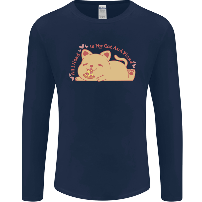 Cat and Pizza Funny Antisocial Mens Long Sleeve T-Shirt Navy Blue