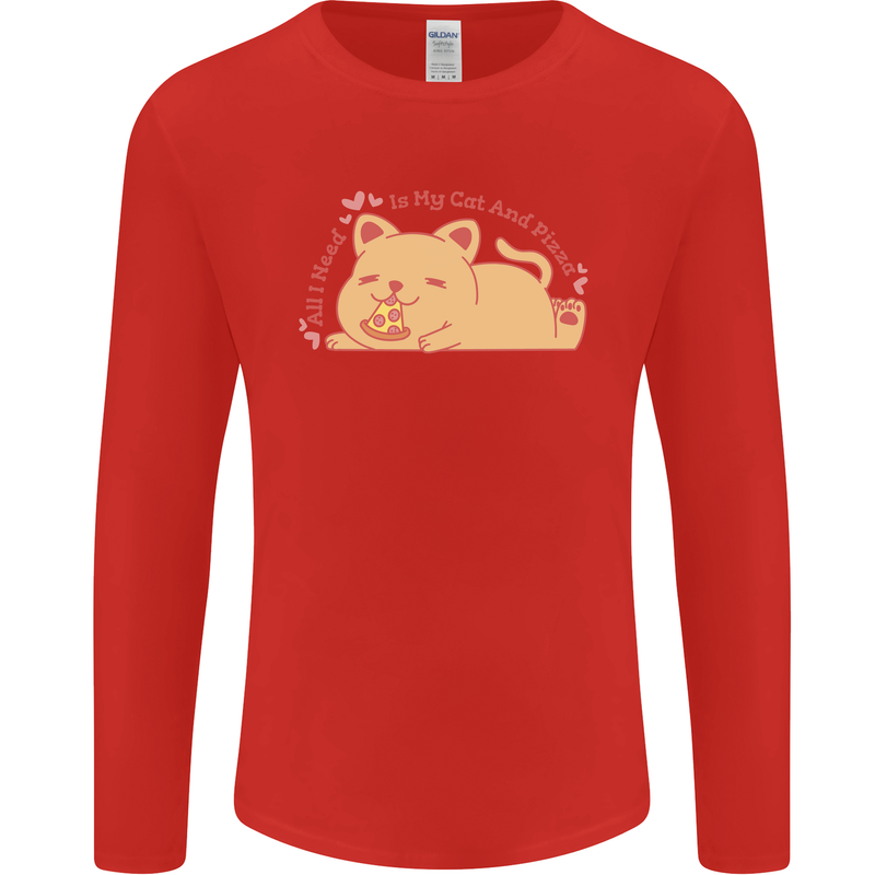 Cat and Pizza Funny Antisocial Mens Long Sleeve T-Shirt Red