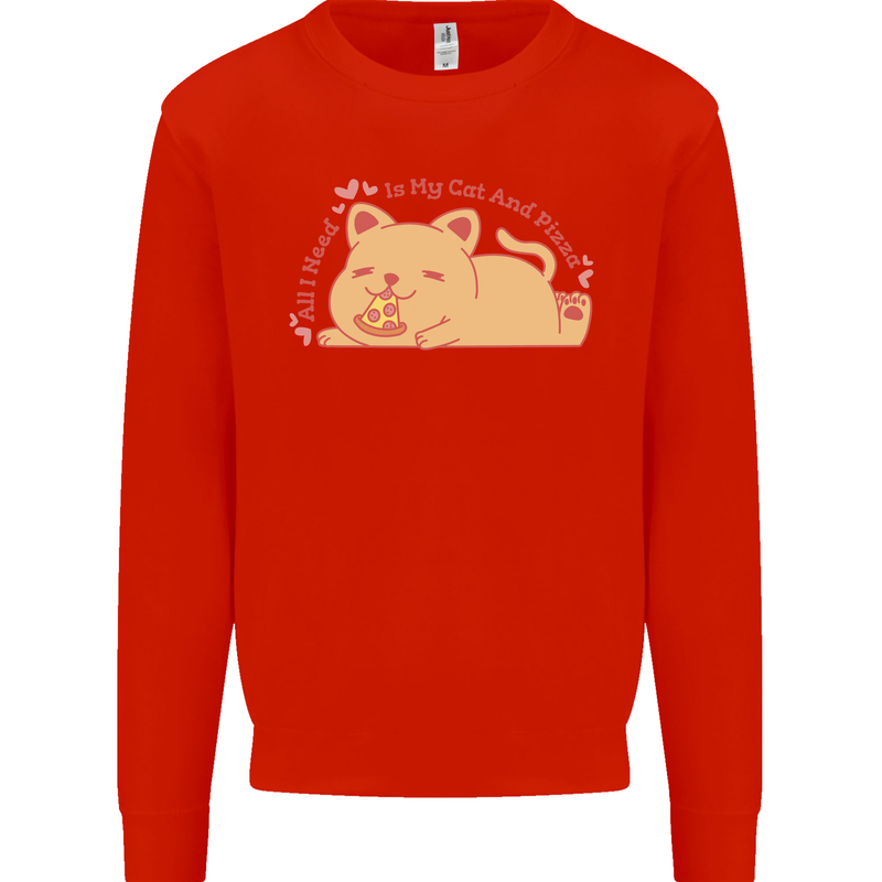 Cat and Pizza Funny Antisocial Mens Sweatshirt Jumper Bright Red