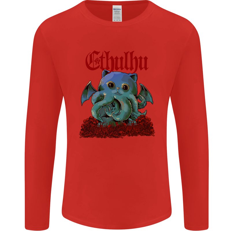 Cathulhu Funny Cat Cthulhu Parody Kraken Mens Long Sleeve T-Shirt Red