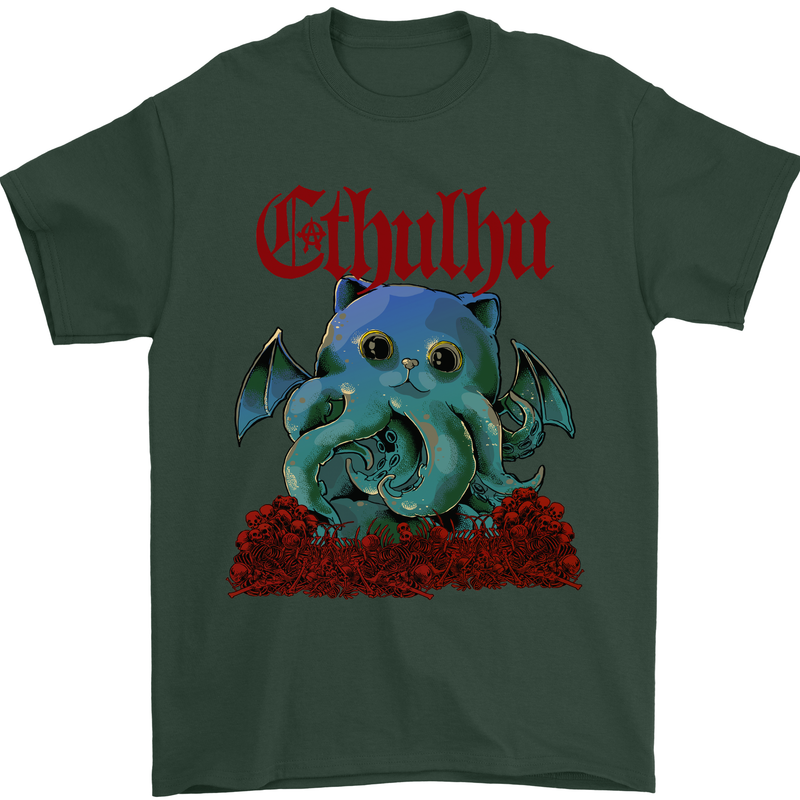 Cathulhu Funny Cat Cthulhu Parody Kraken Mens T-Shirt Cotton Gildan Forest Green