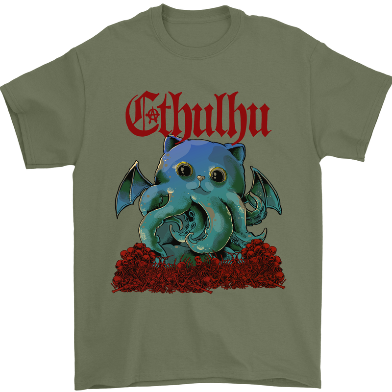 Cathulhu Funny Cat Cthulhu Parody Kraken Mens T-Shirt Cotton Gildan Military Green