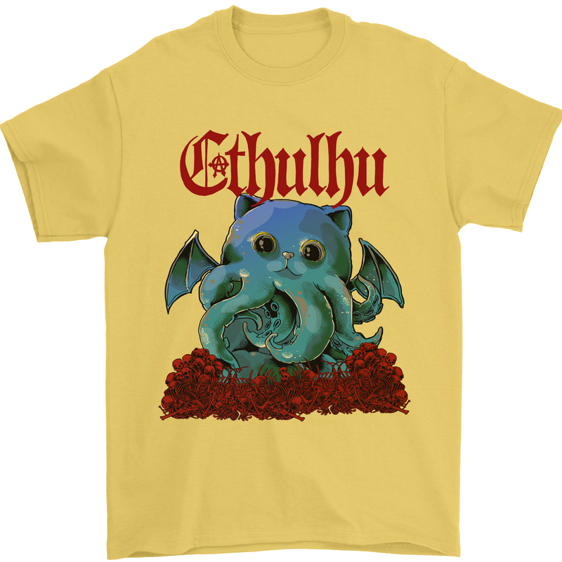 Cathulhu Funny Cat Cthulhu Parody Kraken Mens T-Shirt Cotton Gildan Yellow