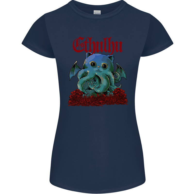 Cathulhu Funny Cat Cthulhu Parody Kraken Womens Petite Cut T-Shirt Navy Blue