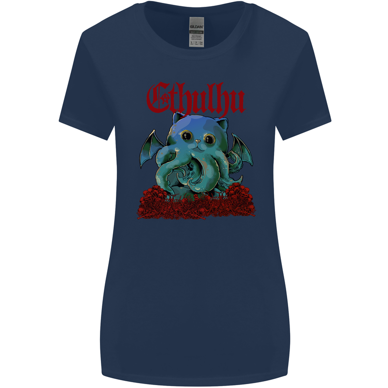 Cathulhu Funny Cat Cthulhu Parody Kraken Womens Wider Cut T-Shirt Navy Blue