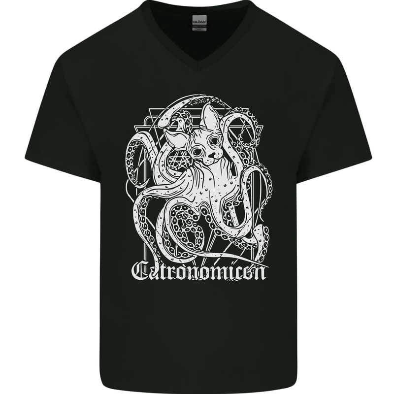 Catronomicon Devil Octopus Cat Mythology Mens V-Neck Cotton T-Shirt Black