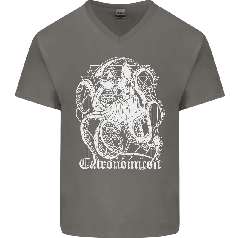 Catronomicon Devil Octopus Cat Mythology Mens V-Neck Cotton T-Shirt Charcoal