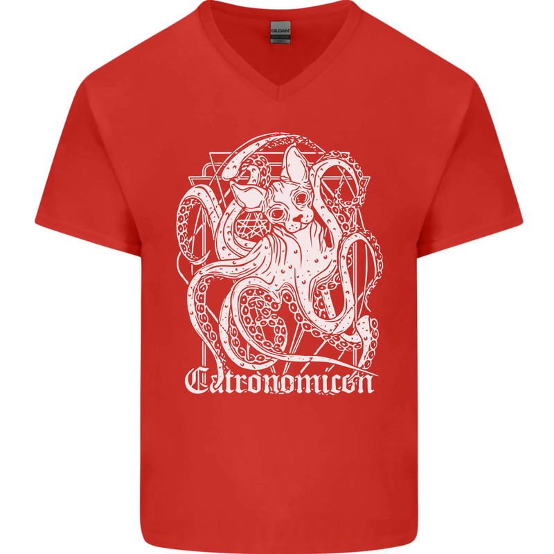 Catronomicon Devil Octopus Cat Mythology Mens V-Neck Cotton T-Shirt Red