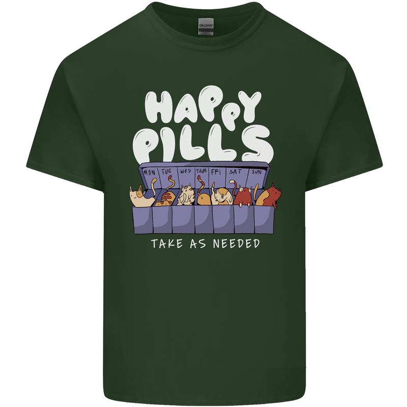 Cats Happy Pills Antidepressant Mens Cotton T-Shirt Tee Top Forest Green