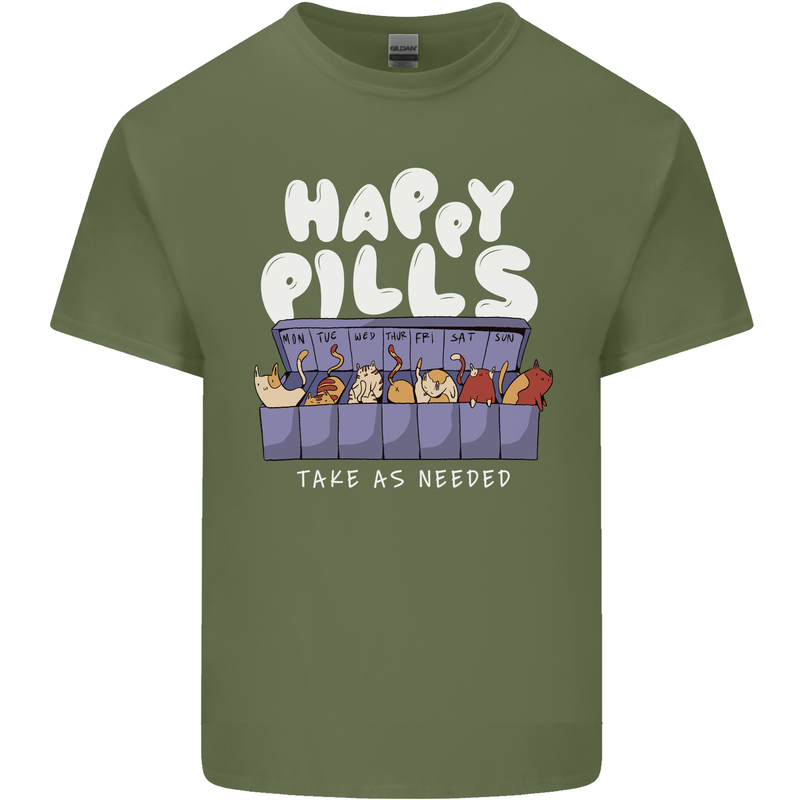 Cats Happy Pills Antidepressant Mens Cotton T-Shirt Tee Top Military Green