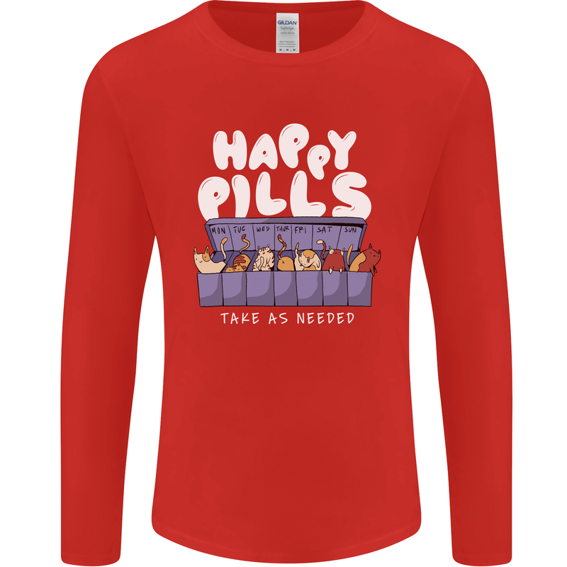 Cats Happy Pills Antidepressant Mens Long Sleeve T-Shirt Red