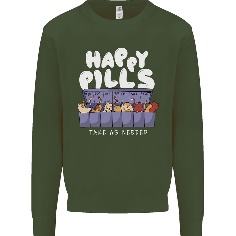 Cats Happy Pills Antidepressant Mens Sweatshirt Jumper Forest Green