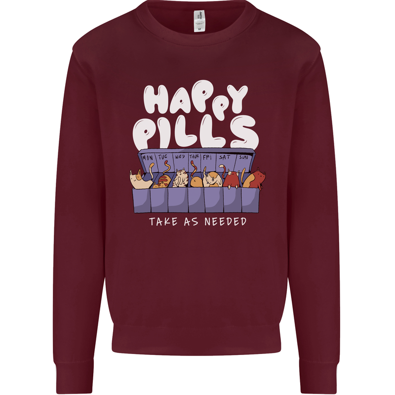 Cats Happy Pills Antidepressant Mens Sweatshirt Jumper Maroon