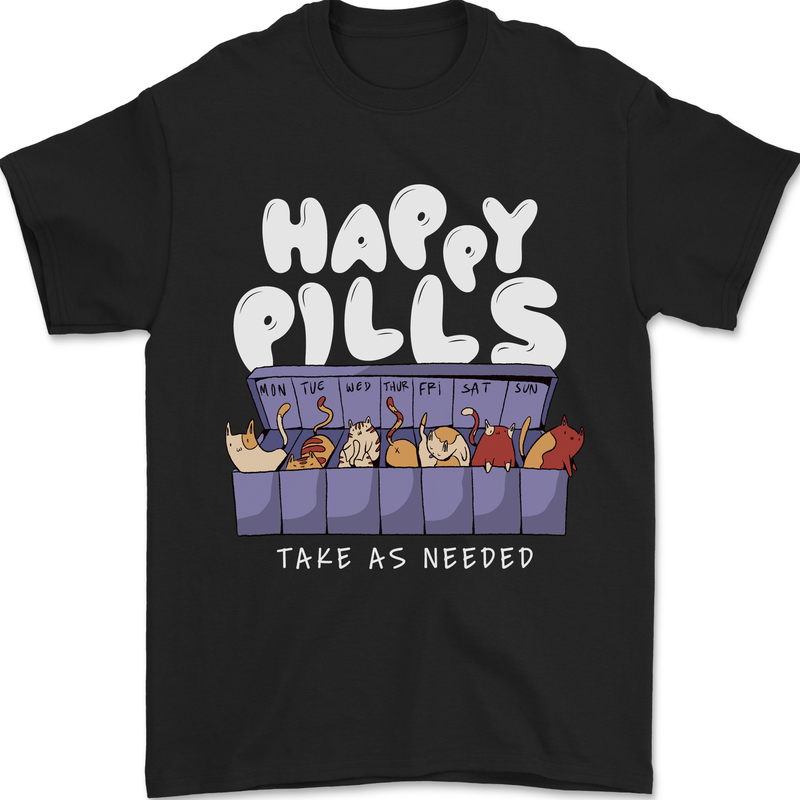 Cats Happy Pills Antidepressant Mens T-Shirt 100% Cotton Black