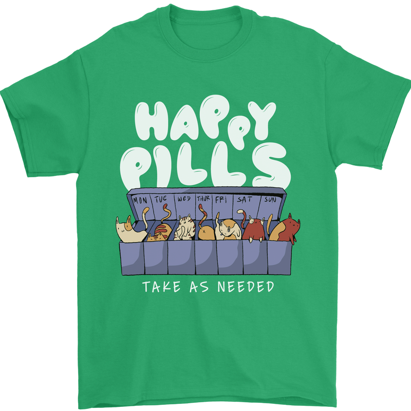 Cats Happy Pills Antidepressant Mens T-Shirt 100% Cotton Irish Green