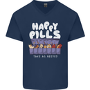 Cats Happy Pills Antidepressant Mens V-Neck Cotton T-Shirt Navy Blue
