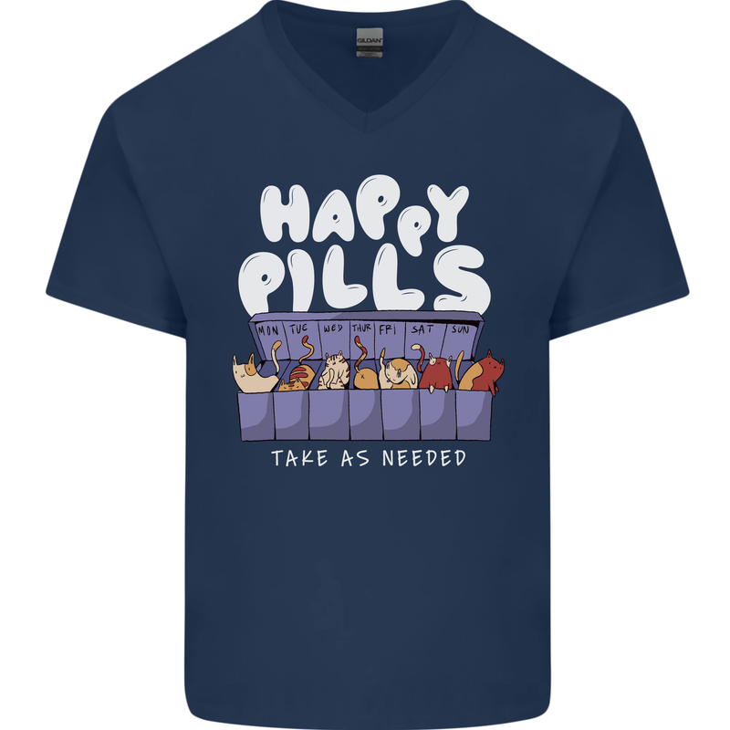 Cats Happy Pills Antidepressant Mens V-Neck Cotton T-Shirt Navy Blue