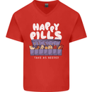 Cats Happy Pills Antidepressant Mens V-Neck Cotton T-Shirt Red