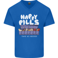 Cats Happy Pills Antidepressant Mens V-Neck Cotton T-Shirt Royal Blue