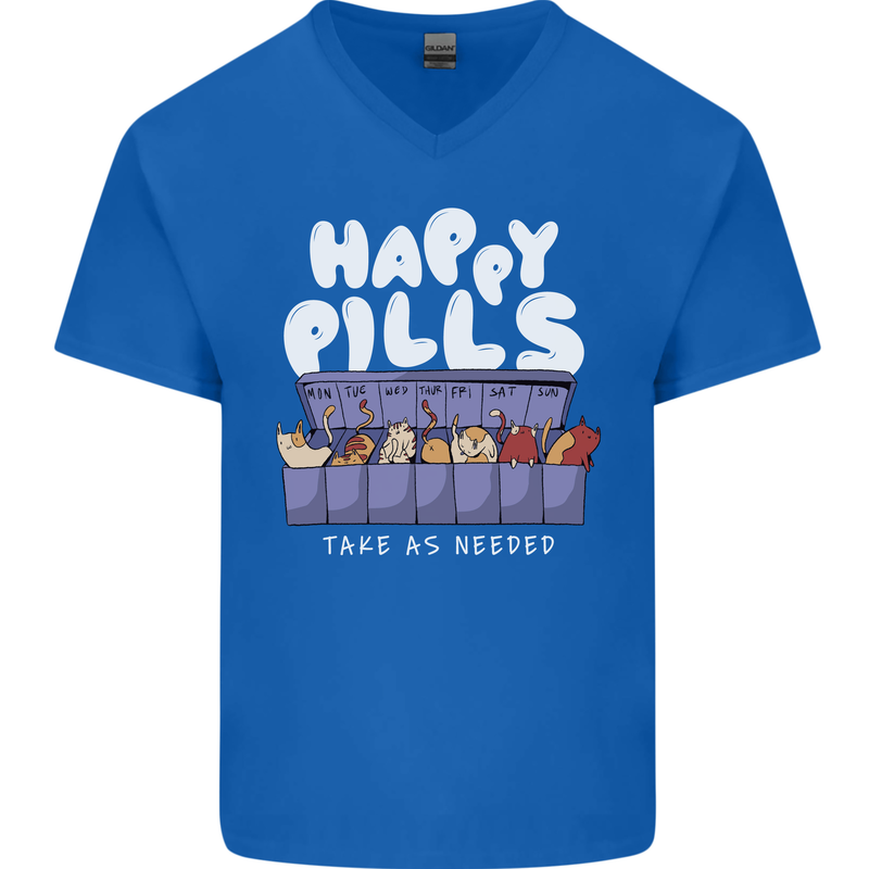 Cats Happy Pills Antidepressant Mens V-Neck Cotton T-Shirt Royal Blue