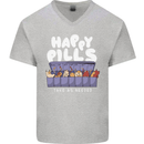 Cats Happy Pills Antidepressant Mens V-Neck Cotton T-Shirt Sports Grey