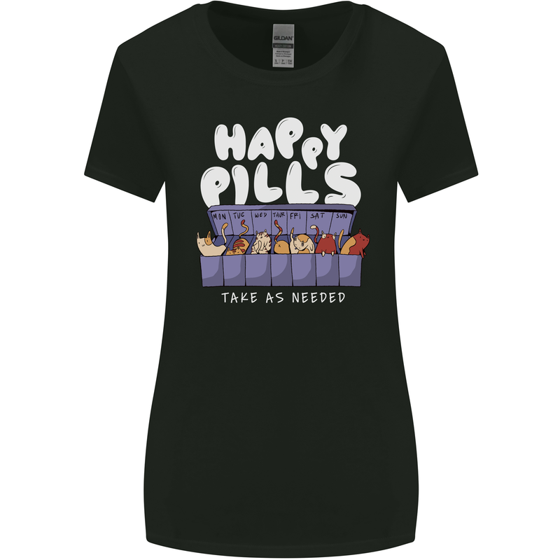 Cats Happy Pills Antidepressant Womens Wider Cut T-Shirt Black