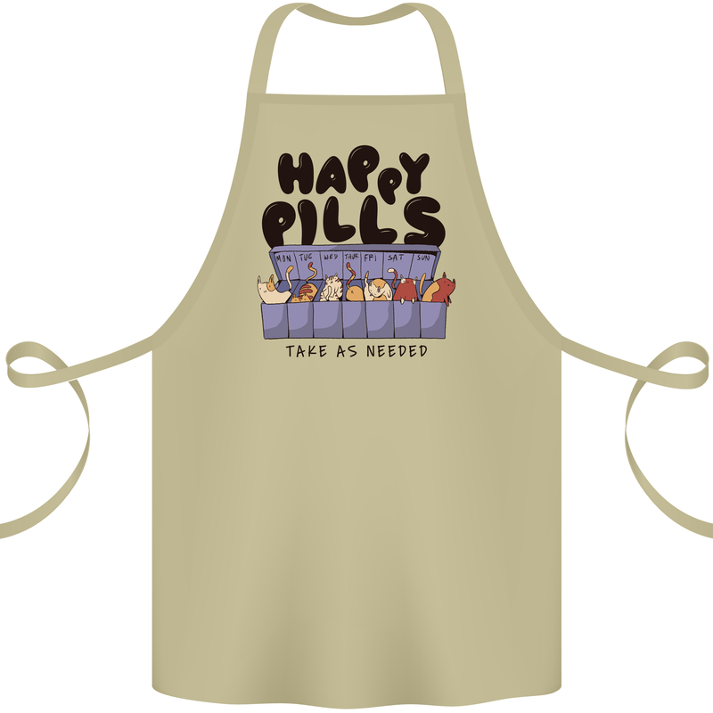 Cats Happy Pills Funny Feline Cotton Apron 100% Organic Khaki