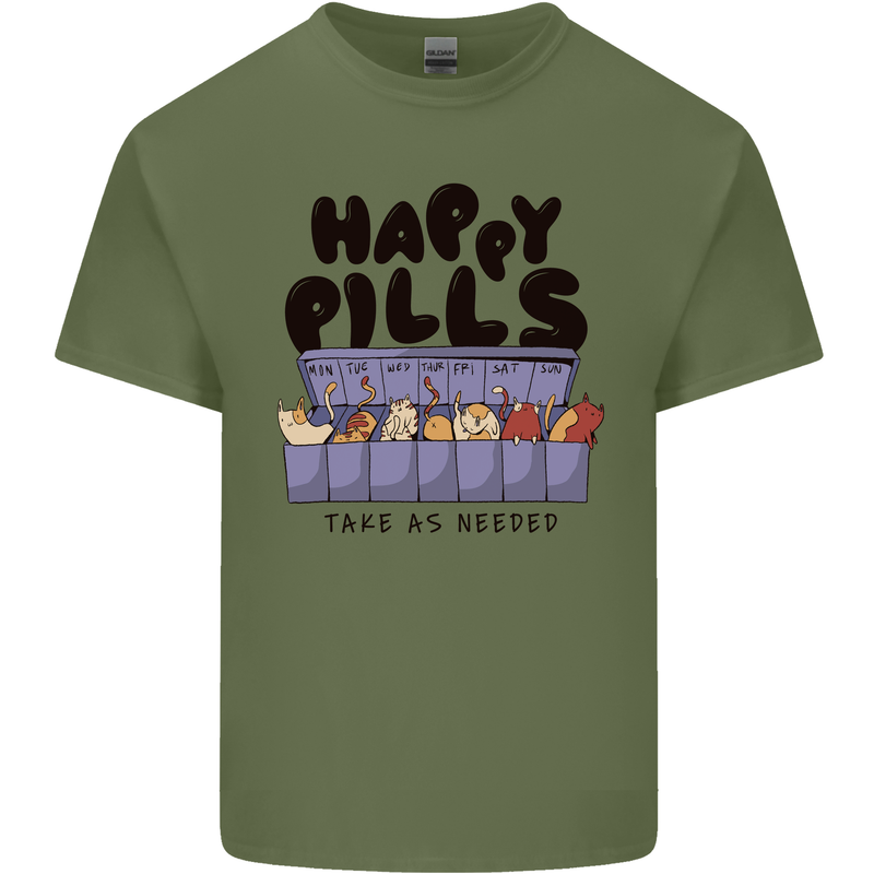 Cats Happy Pills Funny Feline Mens Cotton T-Shirt Tee Top Military Green