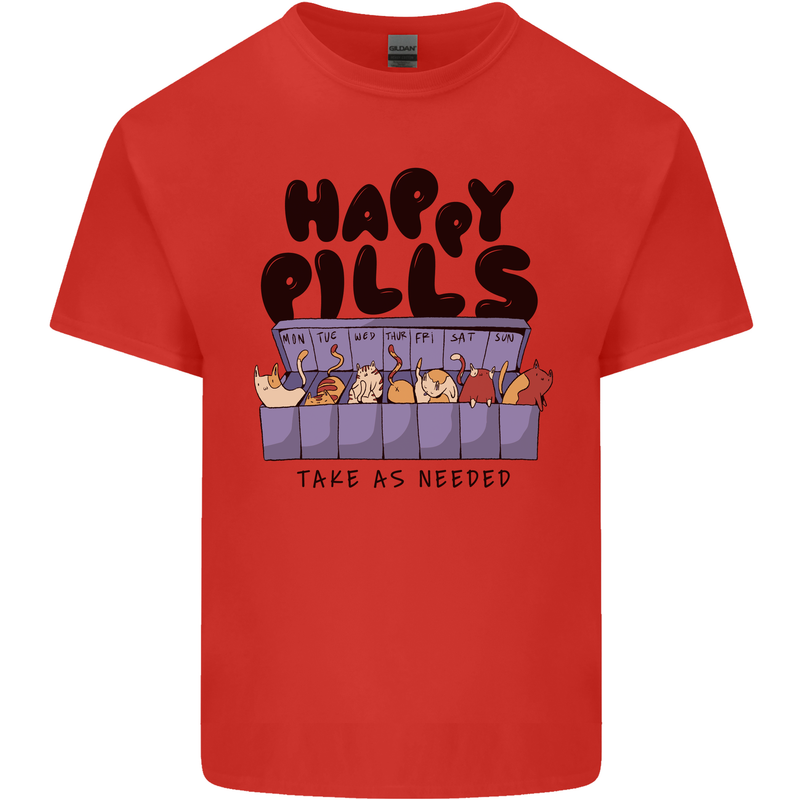 Cats Happy Pills Funny Feline Mens Cotton T-Shirt Tee Top Red