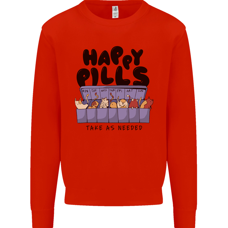 Cats Happy Pills Funny Feline Mens Sweatshirt Jumper Bright Red