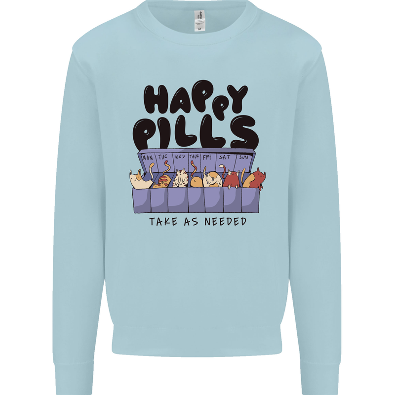 Cats Happy Pills Funny Feline Mens Sweatshirt Jumper Light Blue