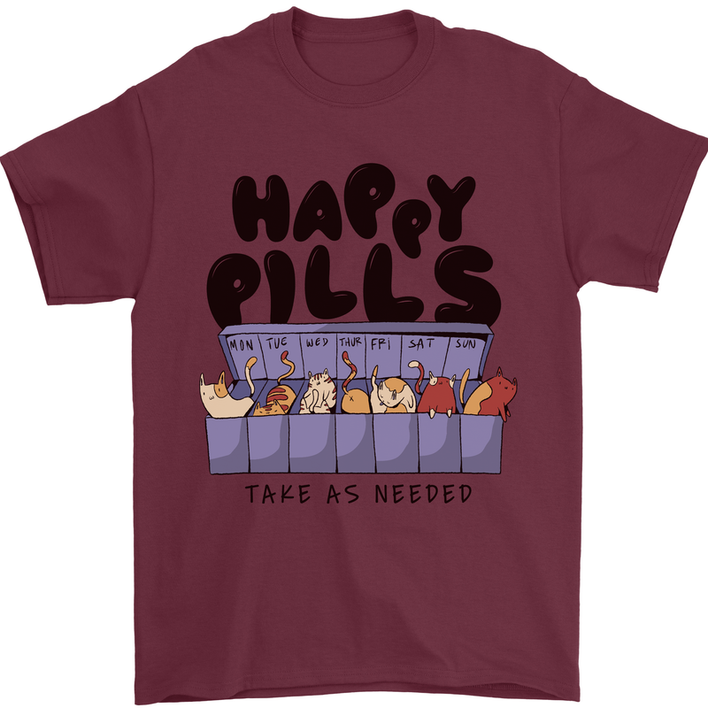 Cats Happy Pills Funny Feline Mens T-Shirt 100% Cotton Maroon
