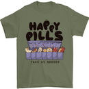 Cats Happy Pills Funny Feline Mens T-Shirt 100% Cotton Military Green