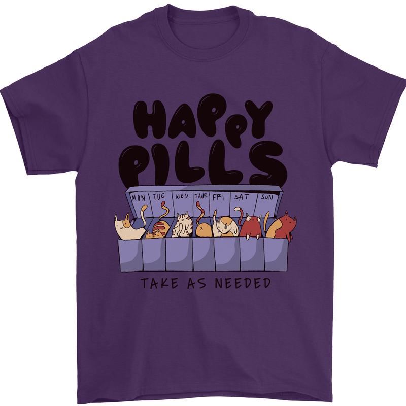 Cats Happy Pills Funny Feline Mens T-Shirt 100% Cotton Purple