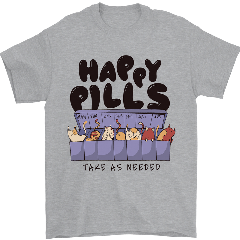 Cats Happy Pills Funny Feline Mens T-Shirt 100% Cotton Sports Grey