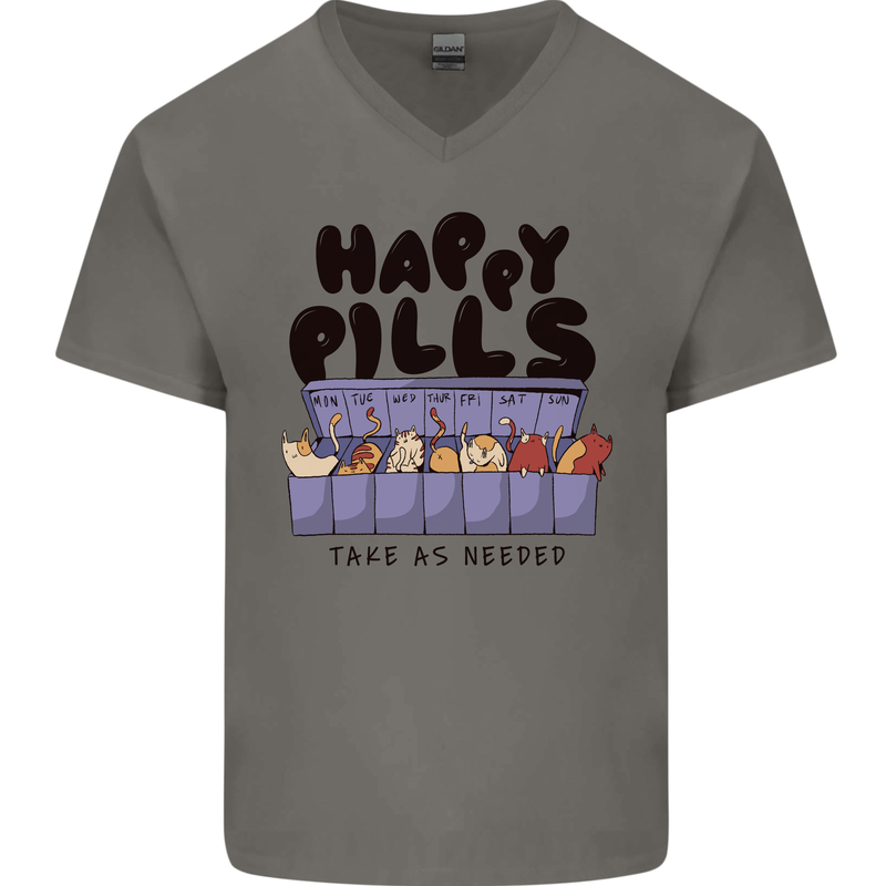 Cats Happy Pills Funny Feline Mens V-Neck Cotton T-Shirt Charcoal