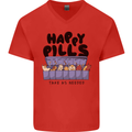 Cats Happy Pills Funny Feline Mens V-Neck Cotton T-Shirt Red