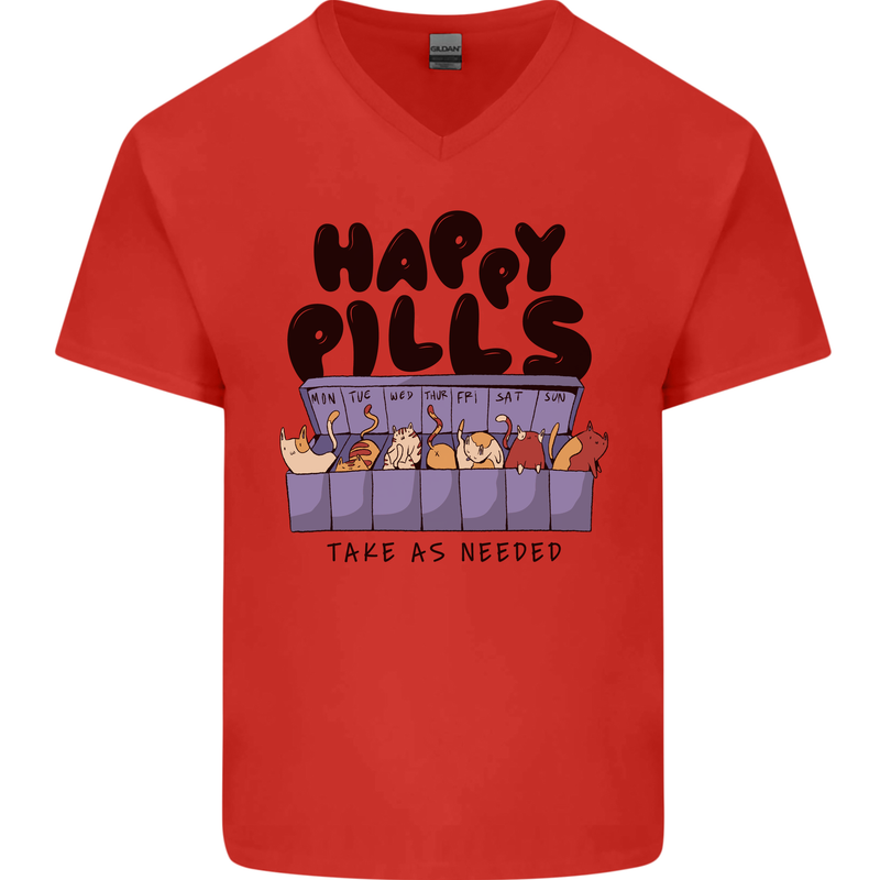 Cats Happy Pills Funny Feline Mens V-Neck Cotton T-Shirt Red