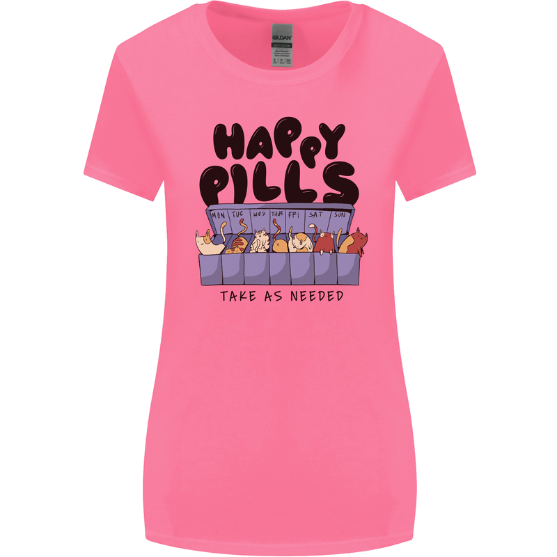 Cats Happy Pills Funny Feline Womens Wider Cut T-Shirt Azalea