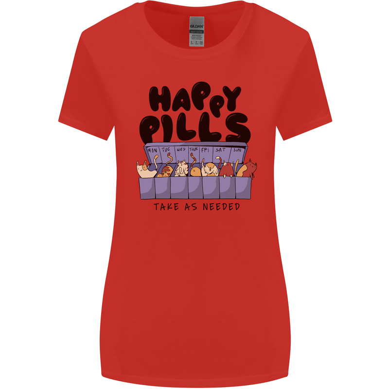 Cats Happy Pills Funny Feline Womens Wider Cut T-Shirt Red