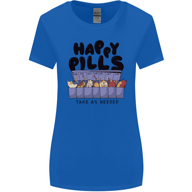 Cats Happy Pills Funny Feline Womens Wider Cut T-Shirt Royal Blue