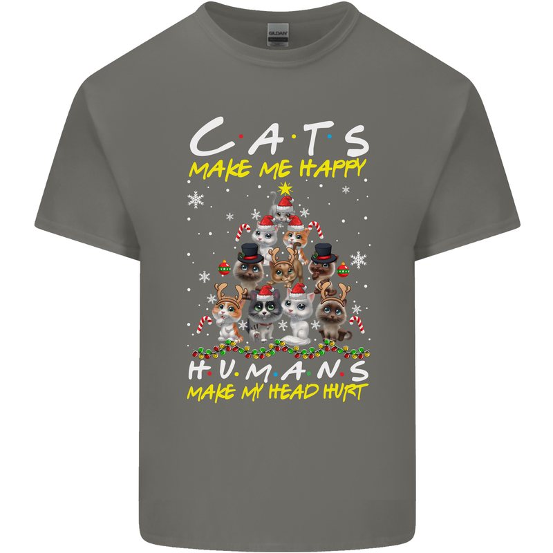 Cats Make Me Happy Funny Christmas Mens Cotton T-Shirt Tee Top Charcoal