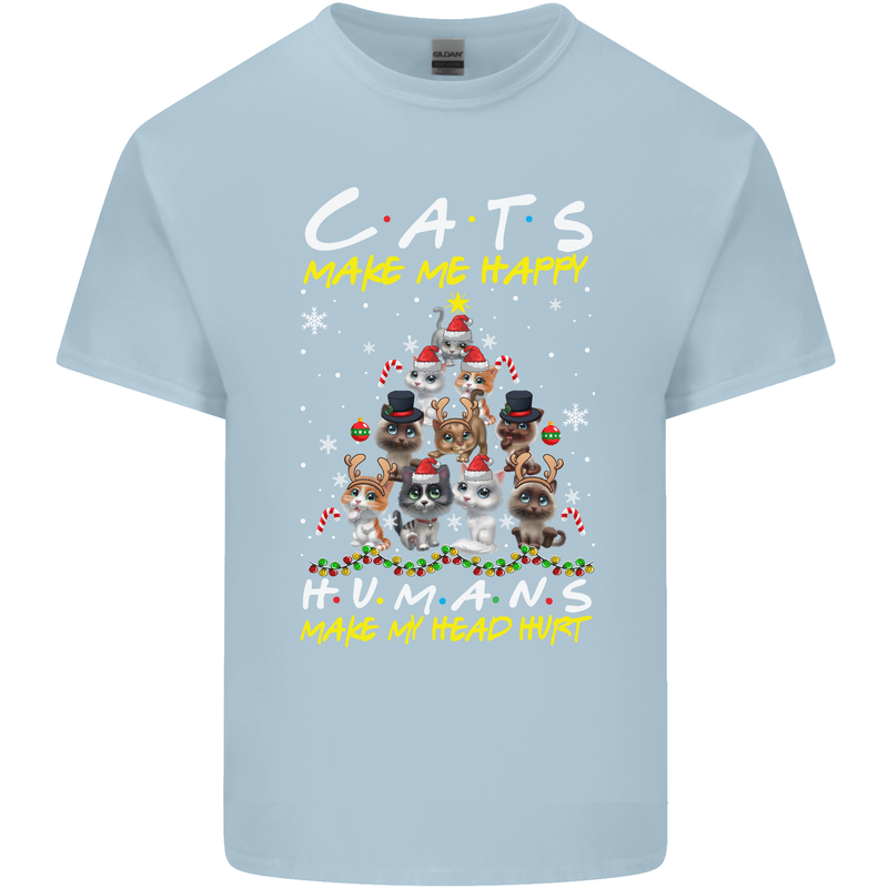 Cats Make Me Happy Funny Christmas Mens Cotton T-Shirt Tee Top Light Blue