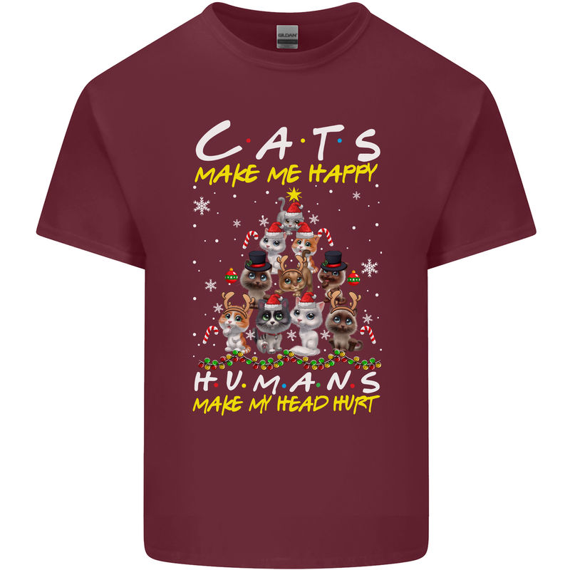 Cats Make Me Happy Funny Christmas Mens Cotton T-Shirt Tee Top Maroon