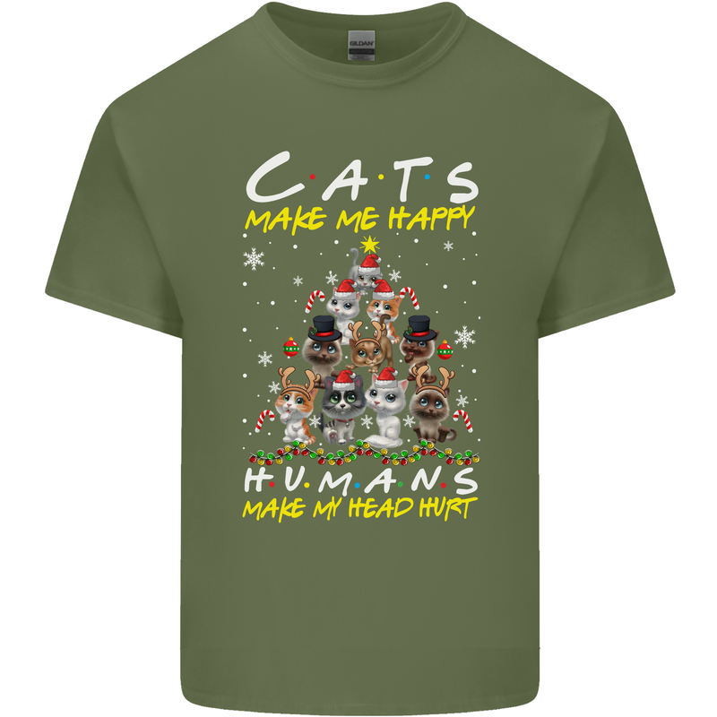 Cats Make Me Happy Funny Christmas Mens Cotton T-Shirt Tee Top Military Green