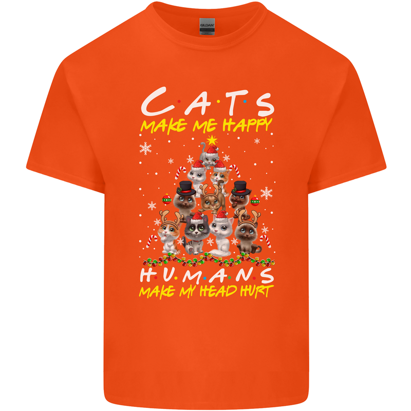 Cats Make Me Happy Funny Christmas Mens Cotton T-Shirt Tee Top Orange