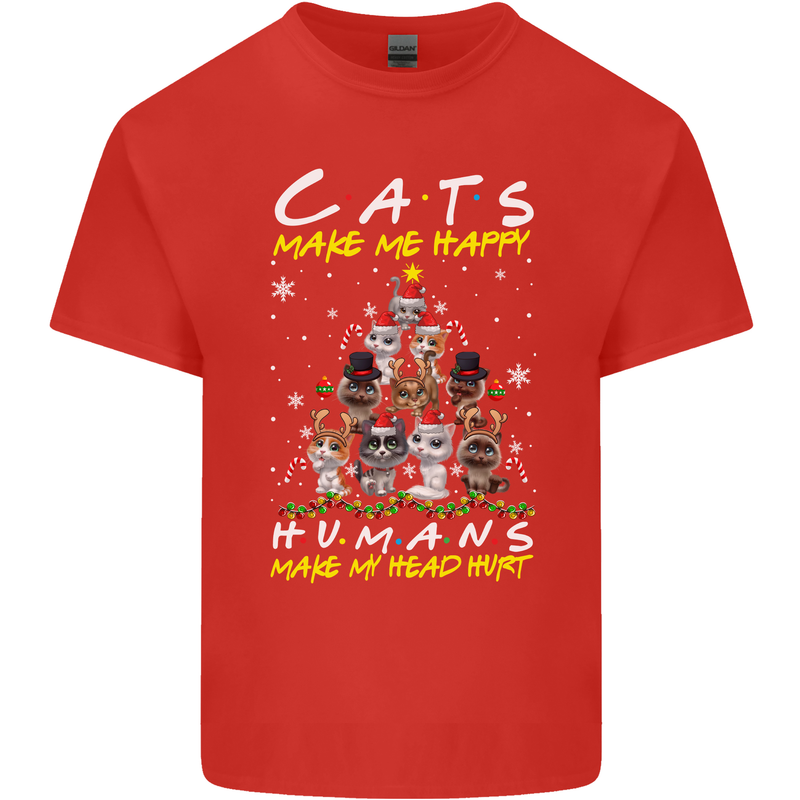 Cats Make Me Happy Funny Christmas Mens Cotton T-Shirt Tee Top Red